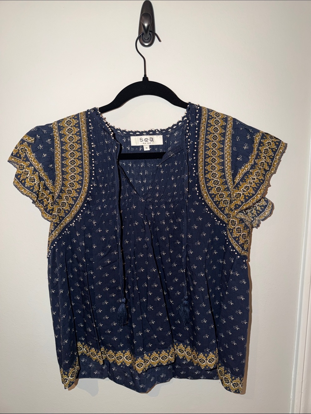 Sea Navy and Mustard Boho Tassel Tie Flutter Sleeve Blouse